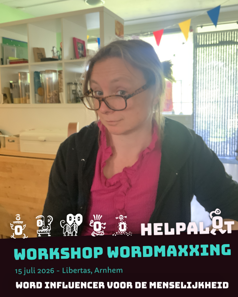 Promo for Workshop Wordmaxxing. Image of Marjolein, and details on the workshop.